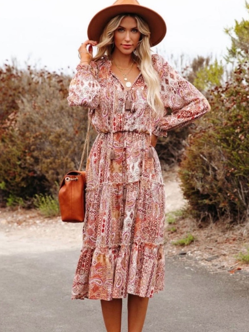 Vici Pink & Tan Paisley Midi Dress